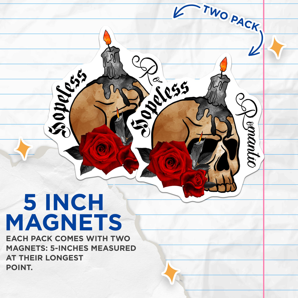 (2 Pack) Hopeless Romantic Skull Magnets - Gothic Home Decor - Dark Academia Aesthetic - Red Rose Candle Art - Emo Alternative - 5" - Durable Magnet - Made in USA - MAG38068
