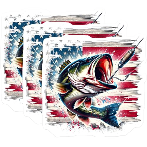 (3 Pack) Bass Fishing Decals - American Flag Fish - Laptop Water Bottle Decal - 3 Inches On Longest Side - Easy Peel & Apply - Made in USA - 3MCS4747