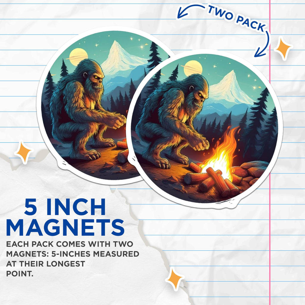 (2 Pack) Bigfoot Magnets - Sasquatch Campfire Scene - Cryptid Forest Art - 5 Inches On Longest Side - Thick Durable Magnet - Made in USA - MAG22834