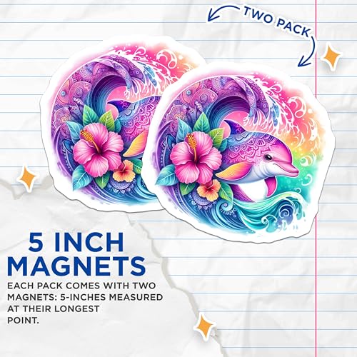 (2 Pack) Colorful Ocean Life Magnet - Artistic Dolphin Design - 5" On Longest Side - Sticks to Smooth Flat Surfaces - Made in USA - MAG9483