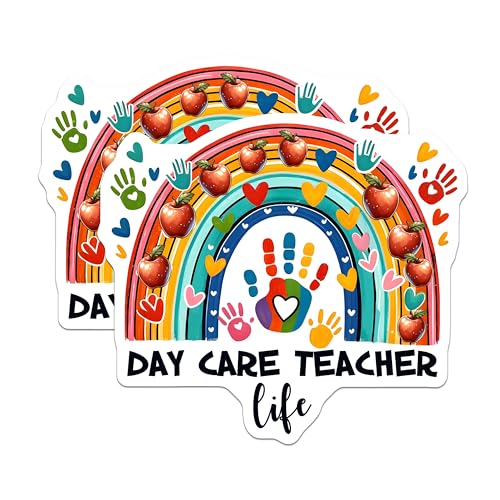 (2 Pack) Day Care Teacher Life Stickers - Teacher Appreciation - Rainbow Handprints - 5" On Longest Side - Sticks to Smooth Flat Surfaces - Made in USA - BMCS8048