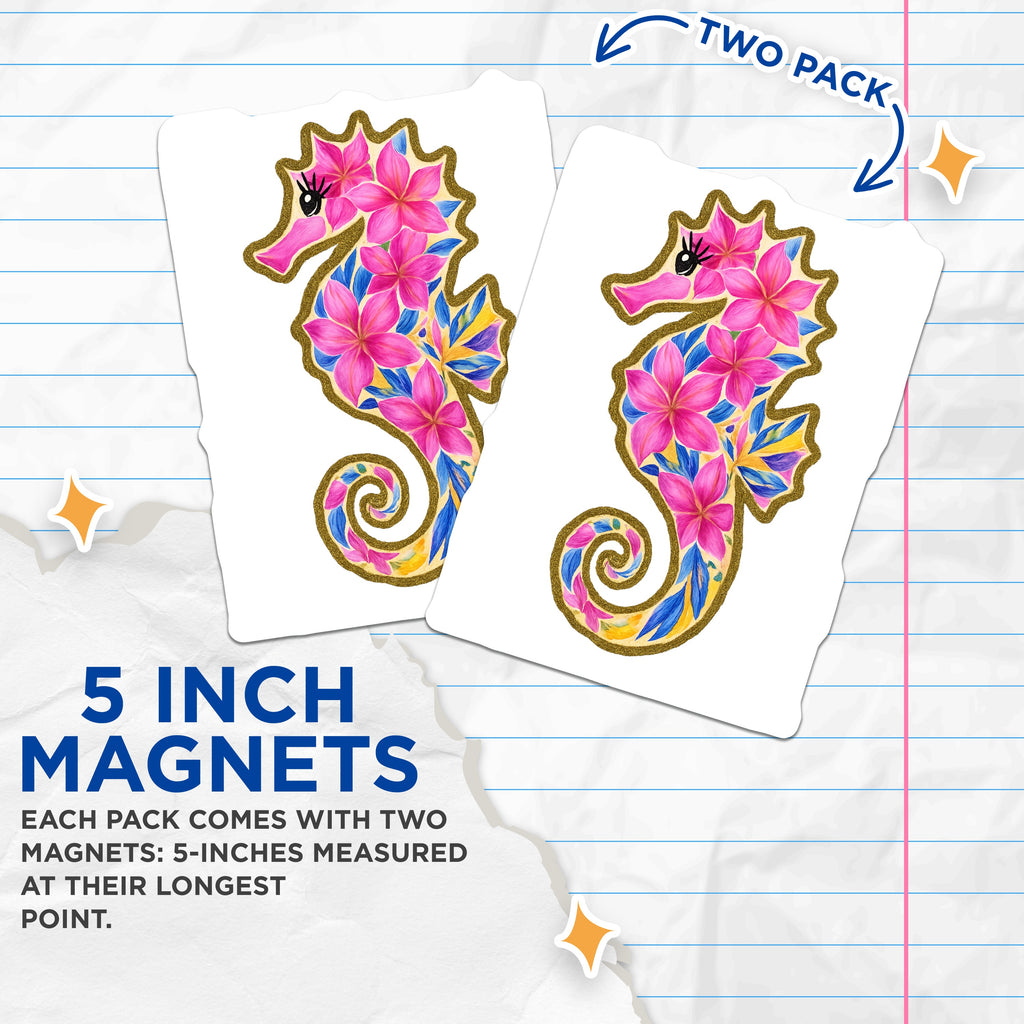 (2 Pack) Seahorse Magnets - Tropical Floral Design - Boho Ocean Decor - Whimsical Marine Life Art - Coastal Fridge Accent - 5 Inches On Longest Side - Thick Durable Magnet - Made in USA - MAG37495