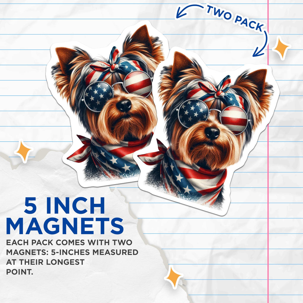 (2 Pack) Patriotic Dog Magnets - Yorkshire Terrier Art - American Flag Decor - 5" On Longest Side - Premium Magnet - for Cars, Refrigerators, Toolboxes, Lockers - Made in USA - MAG15552