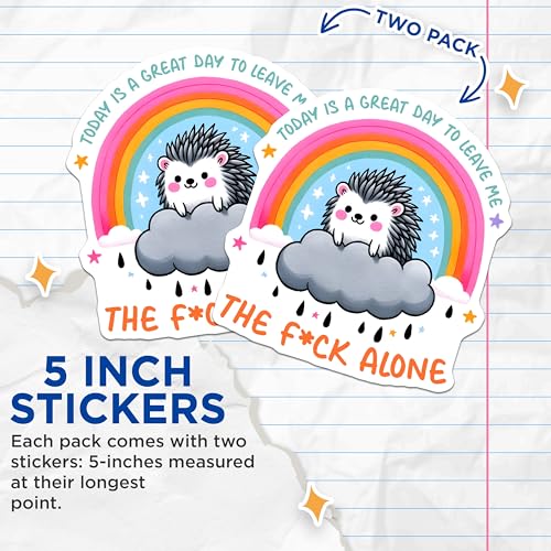 (2 Pack) Funny Hedgehog Stickers - Leave Me Alone - Sarcastic Quote - 5" On Longest Side - Sticks to Smooth Flat Surfaces - Made in USA - BMCS7507