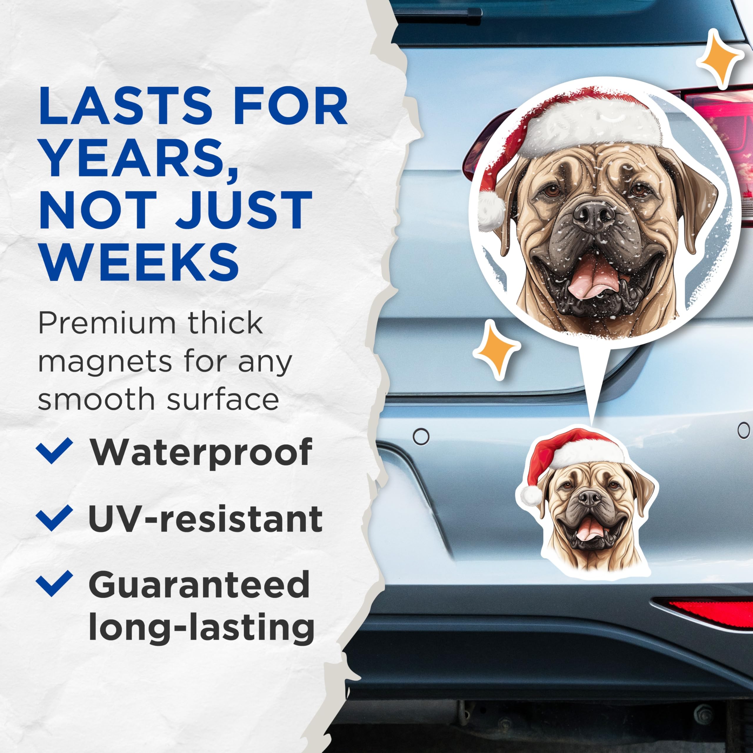(2 Pack) Christmas Mastiff Magnets - Santa Dog Lover Decor - Holiday Refrigerator Magnets - 5 Inches On Longest Side - Thick Durable Magnet - Made in USA - MAG29602