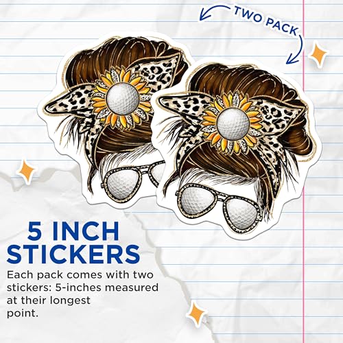 (2 Pack) Retro Sunglasses Hair Bun Stickers - Sunflower Leopard Print Stickers - Cute Golf Design Stickers - 5" On Longest Side - Sticks to Smooth Flat Surfaces - Made in USA - BMCS6204