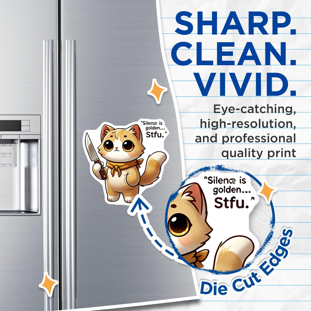 (2 Pack) Funny Cat Magnets - Sarcastic Kitty - Silence is Golden Refrigerator Magnets - 5" On Longest Side - Premium Magnet - for Cars, Refrigerators, Toolboxes, Lockers - Made in USA - MAG14076