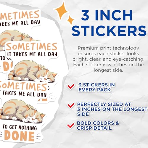 (3 Pack) Lazy Cat Decals - Funny Cat Lover - Procrastination Decals - 3 Inches On Longest Side - Easy Peel & Apply - Made in USA - 3MCS6589