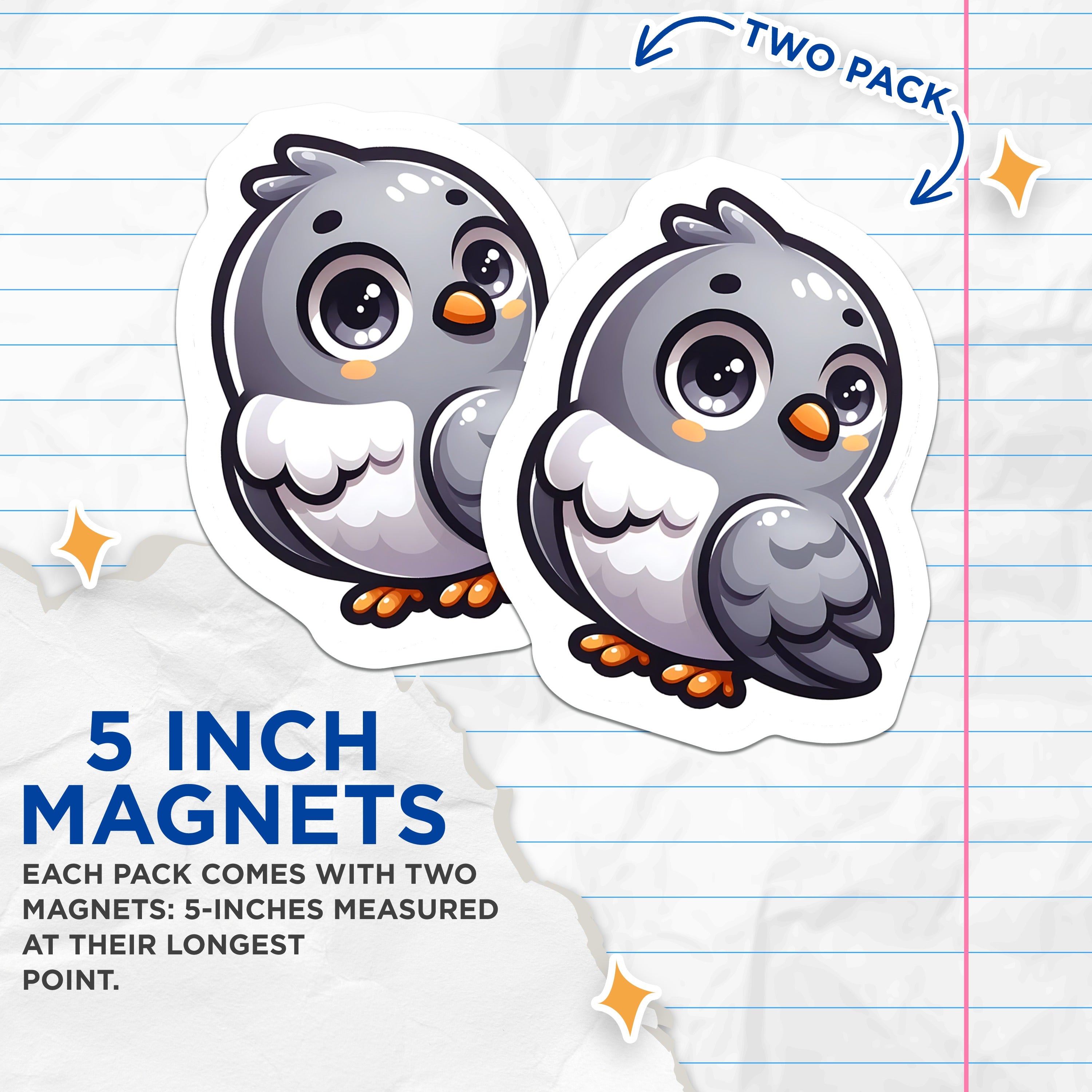 (2 Pack) Cute Bird Magnets - Kawaii Animal Fridge Decor - Chibi Pigeon Locker Magnet - Adorable Nursery Room Accessories for Kids - 5" - Durable Magnet - Made in USA - MAG37988