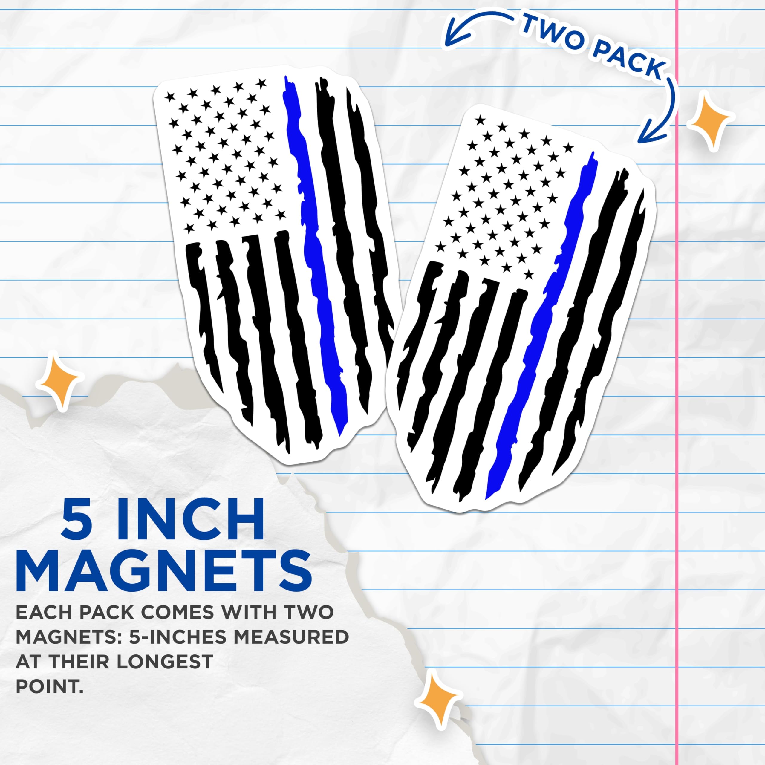 (2 Pack) Thin Blue Line Magnets - Distressed American Flag Decal - Police Officer Support Law Enforcement - 5 Inches On Longest Side - Thick Durable Magnet - Made in USA - MAG22237