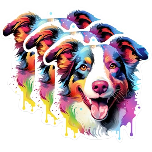 (3 Pack) Australian Shepherd Decals - Colorful Dog Art - Laptop Decal - 3 Inches On Longest Side - Easy Peel & Apply - Made in USA - 3MCS0657