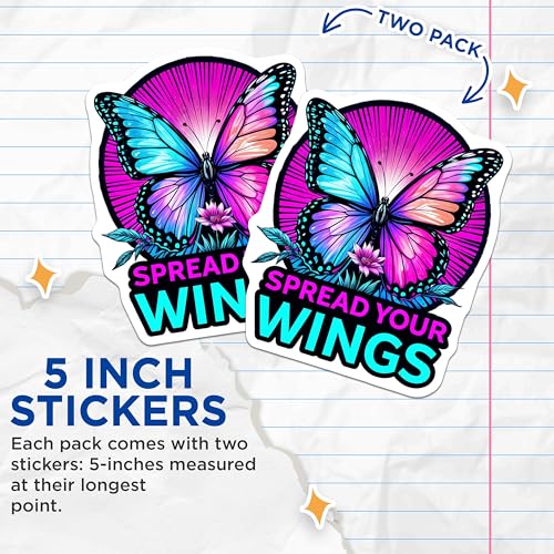 (2 Pack) Inspirational Butterfly Stickers - Motivational Quotes - Colorful Artwork Decals - 5" On Longest Side - Sticks to Smooth Flat Surfaces - Made in USA - BMCS4664