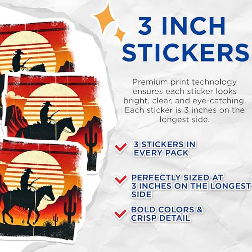 (3 Pack) Cowboy Sunset Decals - Western Horse - Desert Rider Laptop Decal - 3 Inches On Longest Side - Easy Peel & Apply - Made in USA - 3MCS4578