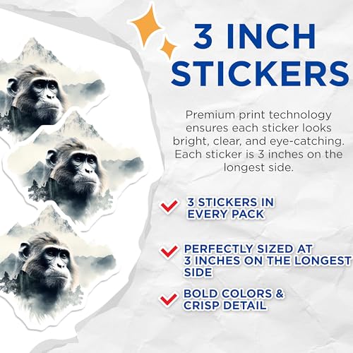 (3 Pack) Ape Mountain Decals - Wildlife Art Sticker - Laptop Decals - 3 Inches On Longest Side - Easy Peel & Apply - Made in USA - 3MCS2574