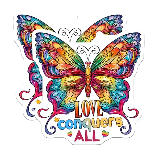 (2 Pack) Love Conquers All Stickers - Rainbow Butterfly Decal - Inspirational Quote Art - 5" On Longest Side - Sticks to Smooth Flat Surfaces - Made in USA - BMCS9181