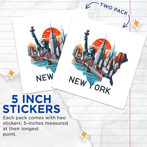 (2 Pack) New York City Skyline Stickers - Statue of Liberty Stickers - New York Travel Stickers - 5" On Longest Side - Sticks to Smooth Flat Surfaces - Made in USA - BMCS5220