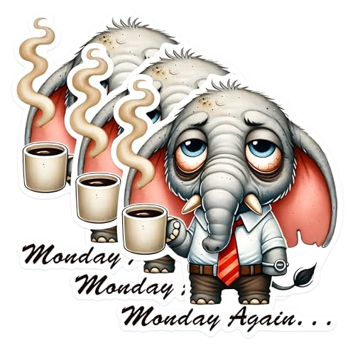 (3 Pack) Monday Again Elephant Decals - Funny Animal Decal - Coffee Laptop Decals - 3 Inches On Longest Side - Easy Peel & Apply - Made in USA - 3MCS1588