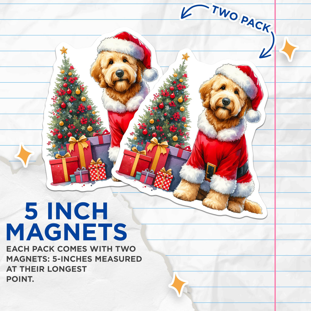 (2 Pack) Goldendoodle Christmas Magnets - Santa Dog Decor - Holiday Pet Refrigerator - 5 Inches On Longest Side - Thick Durable Magnet - Made in USA - MAG27681