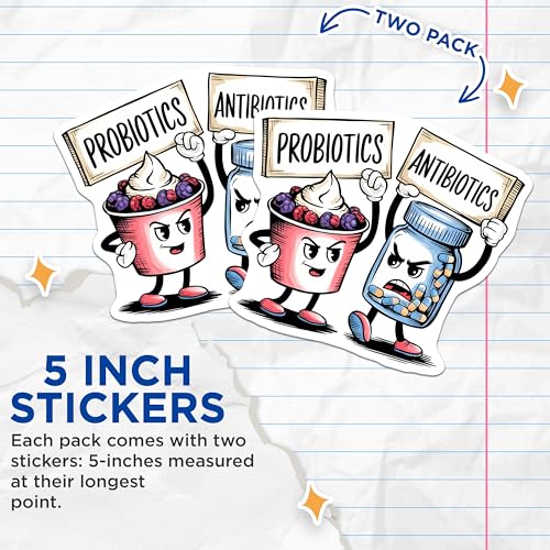 (2 Pack) Probiotics vs Antibiotics Stickers - Fun Medical Cartoon - Humorous Healthcare Design - 5" On Longest Side - Sticks to Smooth Flat Surfaces - Made in USA - BMCS7634