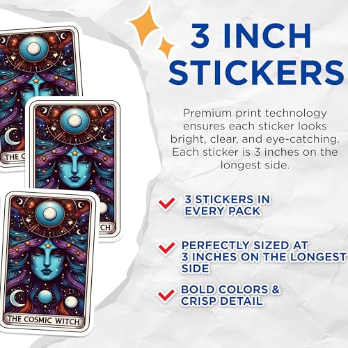 (3 Pack) Cosmic Witch Decals - Tarot Card Sticker - Celestial Laptop Decals - 3 Inches On Longest Side - Easy Peel & Apply - Made in USA - 3MCS4138