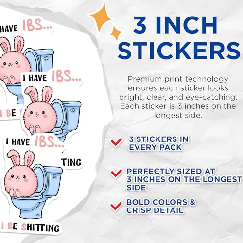 (3 Pack) IBS Bunny Decals - Funny Bathroom Humor Stickers - Laptop Decal - 3 Inches On Longest Side - Easy Peel & Apply - Made in USA - 3MCS2081