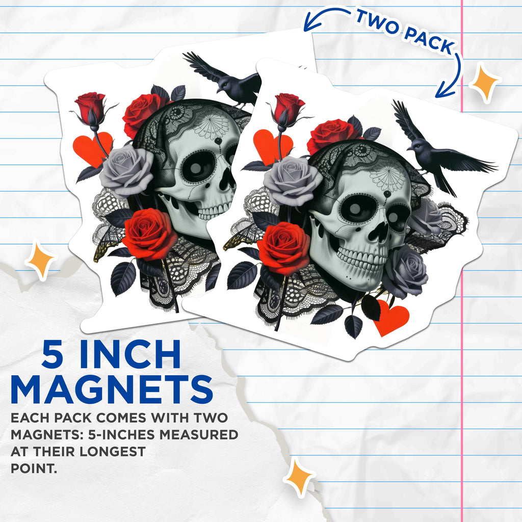 (2 Pack) Sugar Skull Raven Magnets - Gothic Rose Art - Day of the Dead Decor - Alternative Home Accents - 5 Inches On Longest Side - Thick Durable Magnet - Made in USA - MAG39116