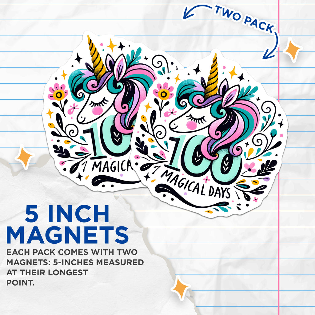 (2 Pack) 100 Magical Days Magnets - Unicorn Baby Milestone Celebration - New Parents Nursery Decor - 5 Inches On Longest Side - Thick Durable Magnet - Made in USA - MAG37165
