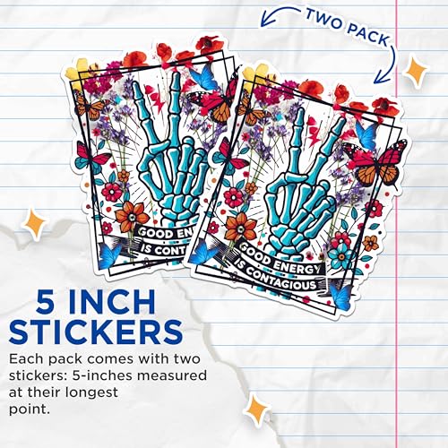 (2 Pack) Good Energy is Contagious Stickers - Skeleton Hand Peace Sign Stickers - Floral Butterfly Skull Stickers - 5" On Longest Side - Sticks to Any Smooth Flat Surface - Made in USA - BMCS2568