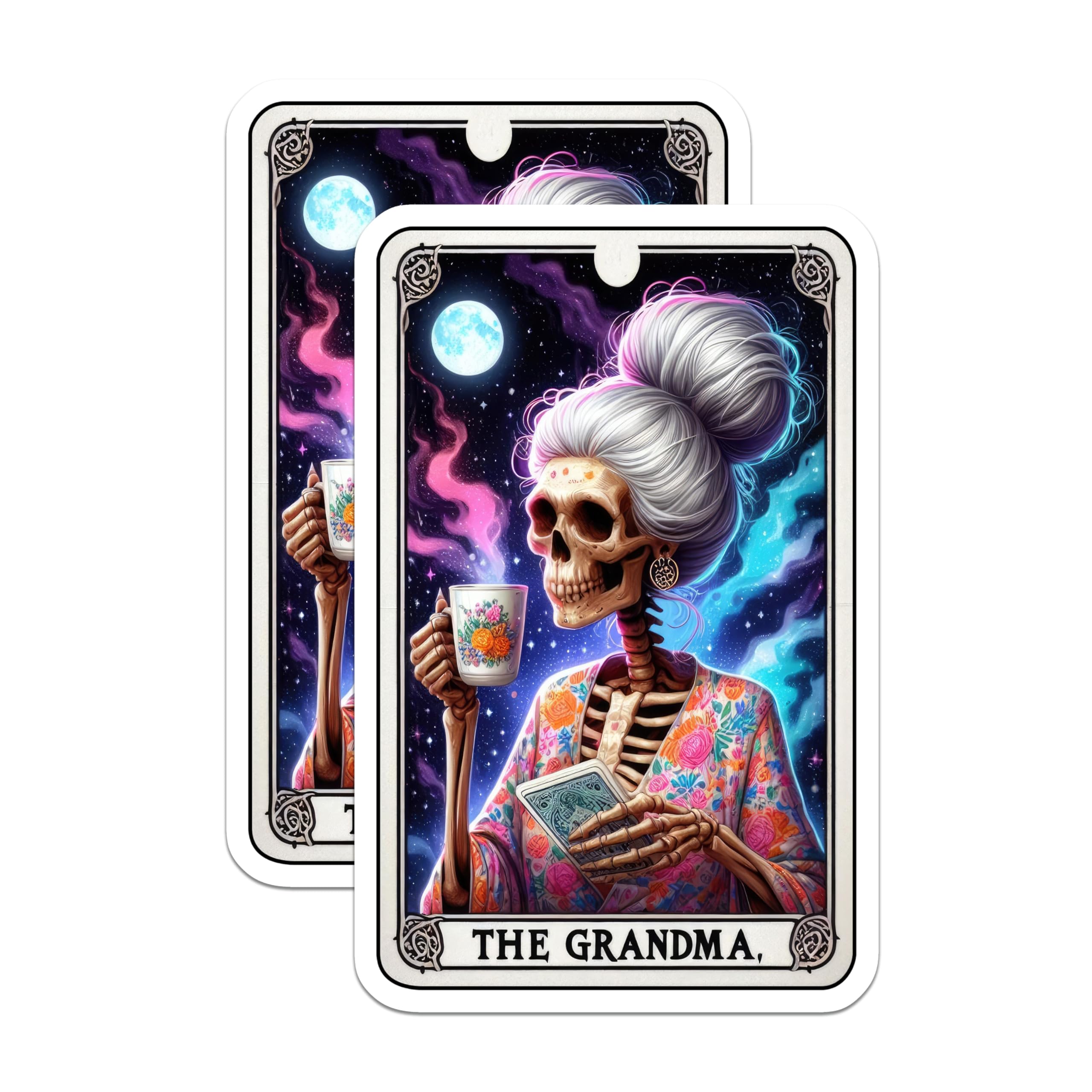 (2 Pack) Skeleton Grandma Magnets - Cosmic Tarot Card Art - Whimsical Tea Time Skull Decor - Mystical Elder Home Accent - 5 Inches On Longest Side - Thick Durable Magnet - Made in USA - MAG21740