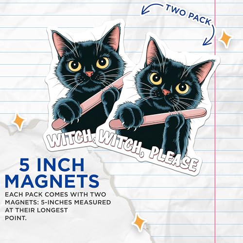 (2 Pack) Witch Please Cat Magnets - Cute Black Cat Magnets - Halloween Witch Cat Magnets - 5" On Longest Side - for Cars, Refrigerators, Toolboxes, Lockers - Made in USA BMCS3322