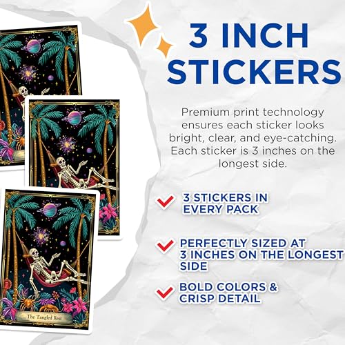 (3 Pack) Skeleton Hammock Decals - Tropical Rest Decor - Relaxing Day Decals - 3 Inches On Longest Side - Easy Peel & Apply - Made in USA - 3MCS0020