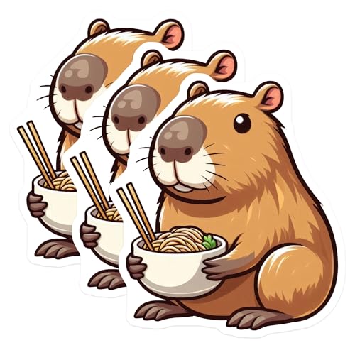 (3 Pack) Capybara Noodles Decals - Cute Rodent Stickers - Foodie Decals - 3 Inches On Longest Side - Easy Peel & Apply - Made in USA - 3MCS8675