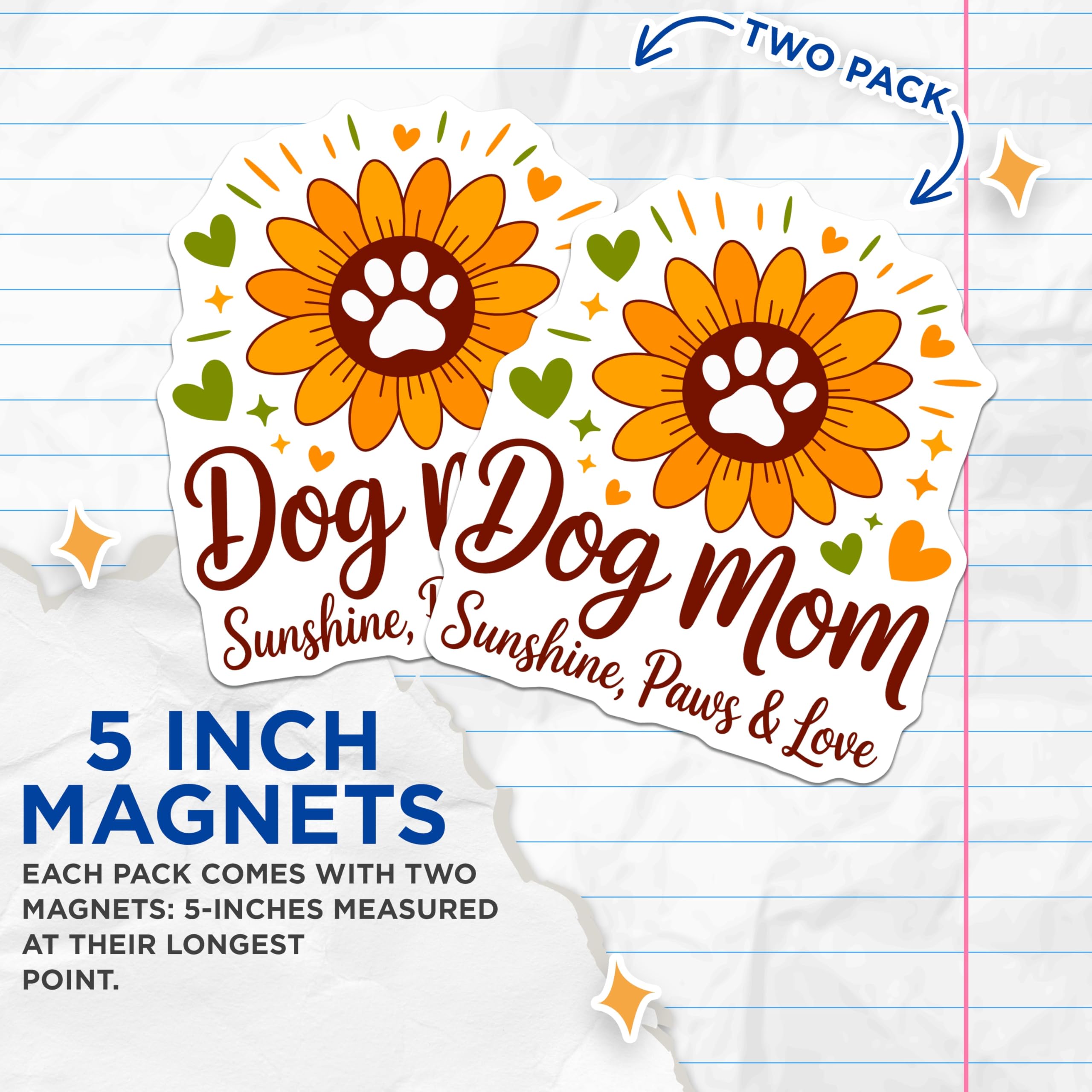 (2 Pack) Dog Mom Sunshine Paws Magnets - Sunflower Paw Print Decor - Pet Parent Kitchen Display - 5 Inches On Longest Side - Thick Durable Magnet - Made in USA - MAG28232
