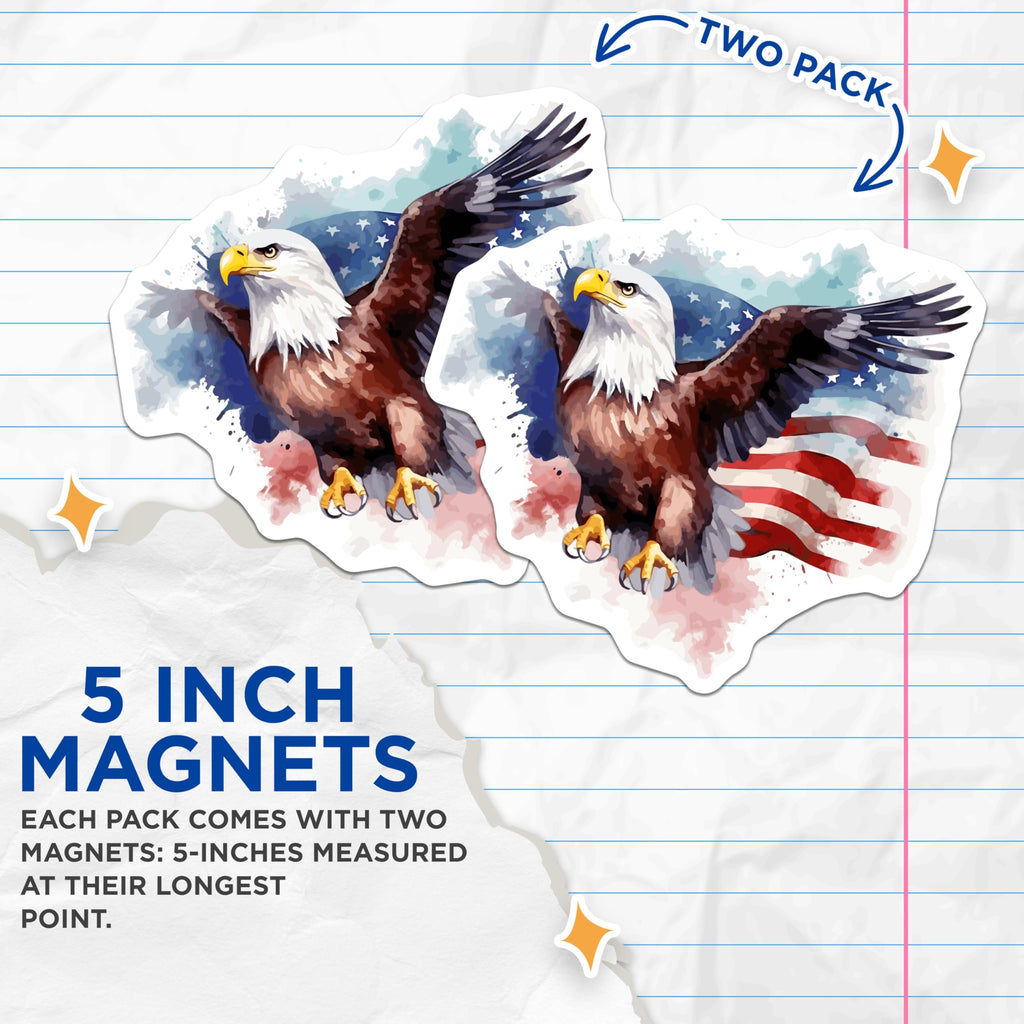 (2 Pack) Bald Eagle Magnets - American Flag Watercolor Art - Majestic Bird USA Decor - Freedom Symbol Home Accent - 5 Inches On Longest Side - Thick Durable Magnet - Made in USA - MAG21022