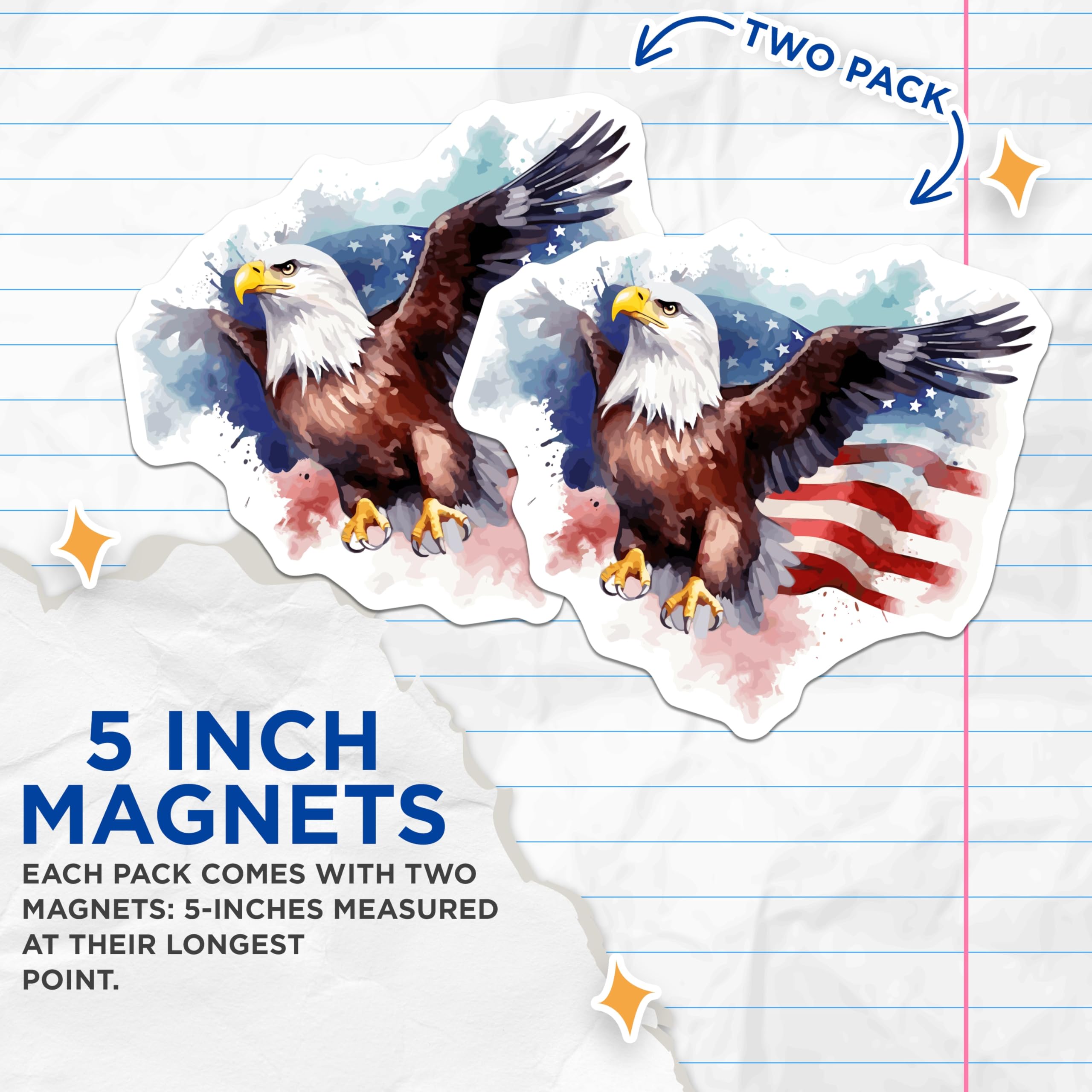 (2 Pack) Bald Eagle Magnets - American Flag Watercolor Art - Majestic Bird USA Decor - Freedom Symbol Home Accent - 5 Inches On Longest Side - Thick Durable Magnet - Made in USA - MAG21022