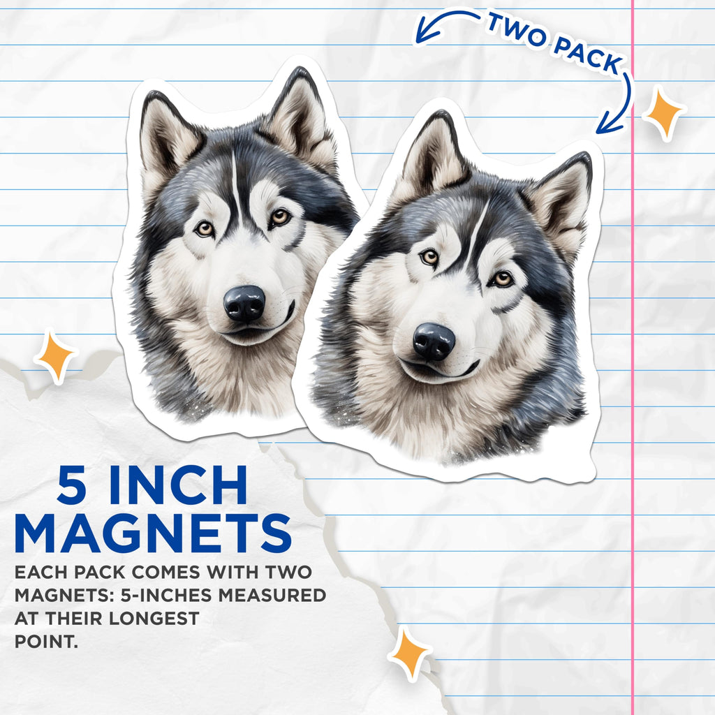 (2 Pack) Siberian Husky Magnets - Dog Lover Fridge Decor - Pet Portrait Art Home Accent - 5 Inches On Longest Side - Thick Durable Magnet - Made in USA - MAG25686