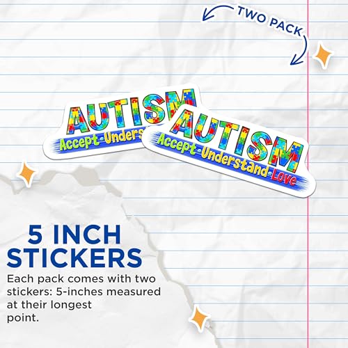 (2 Pack) Autism Stickers - Accept Understand Love Stickers - Autism Awareness Stickers - Colorful Puzzle Piece Stickers - 5" On Longest Side - Sticks to Smooth Flat Surfaces - Made in USA - BMCS6445