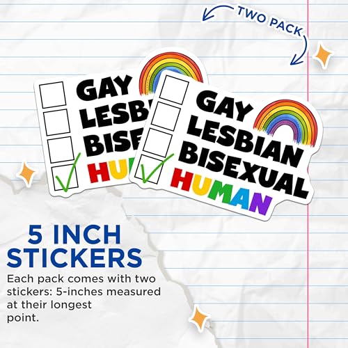 (2 Pack) Human Rights Stickers - LGBTQ+ Pride - Equality Love Inclusion Rainbow for Water Bottle - Laptop - Car - 5" On Longest Side - Sticks to Smooth Flat Surfaces - Made in USA - BMCS8281