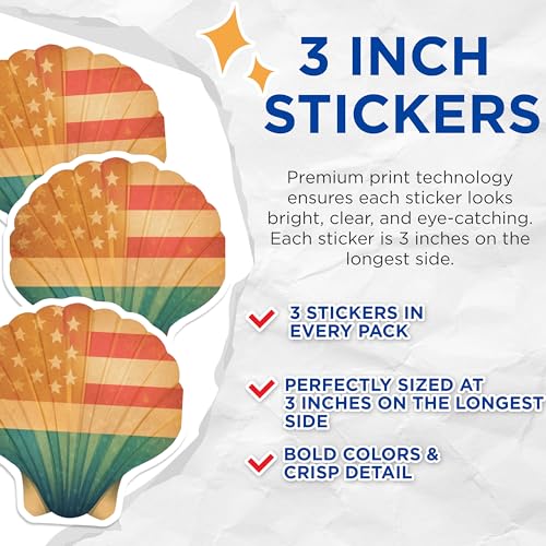(3 Pack) Seashell American Flag Decals - Patriotic Beach Decor - Coastal Laptop Decal - 3 Inches On Longest Side - Easy Peel & Apply - Made in USA - 3MCS7759