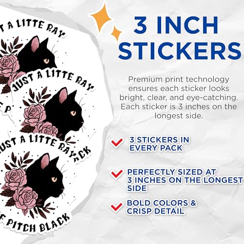 (3 Pack) Black Cat Decals - Floral Kitty Art - Laptop Decals - 3 Inches On Longest Side - Easy Peel & Apply - Made in USA - 3MCS1360