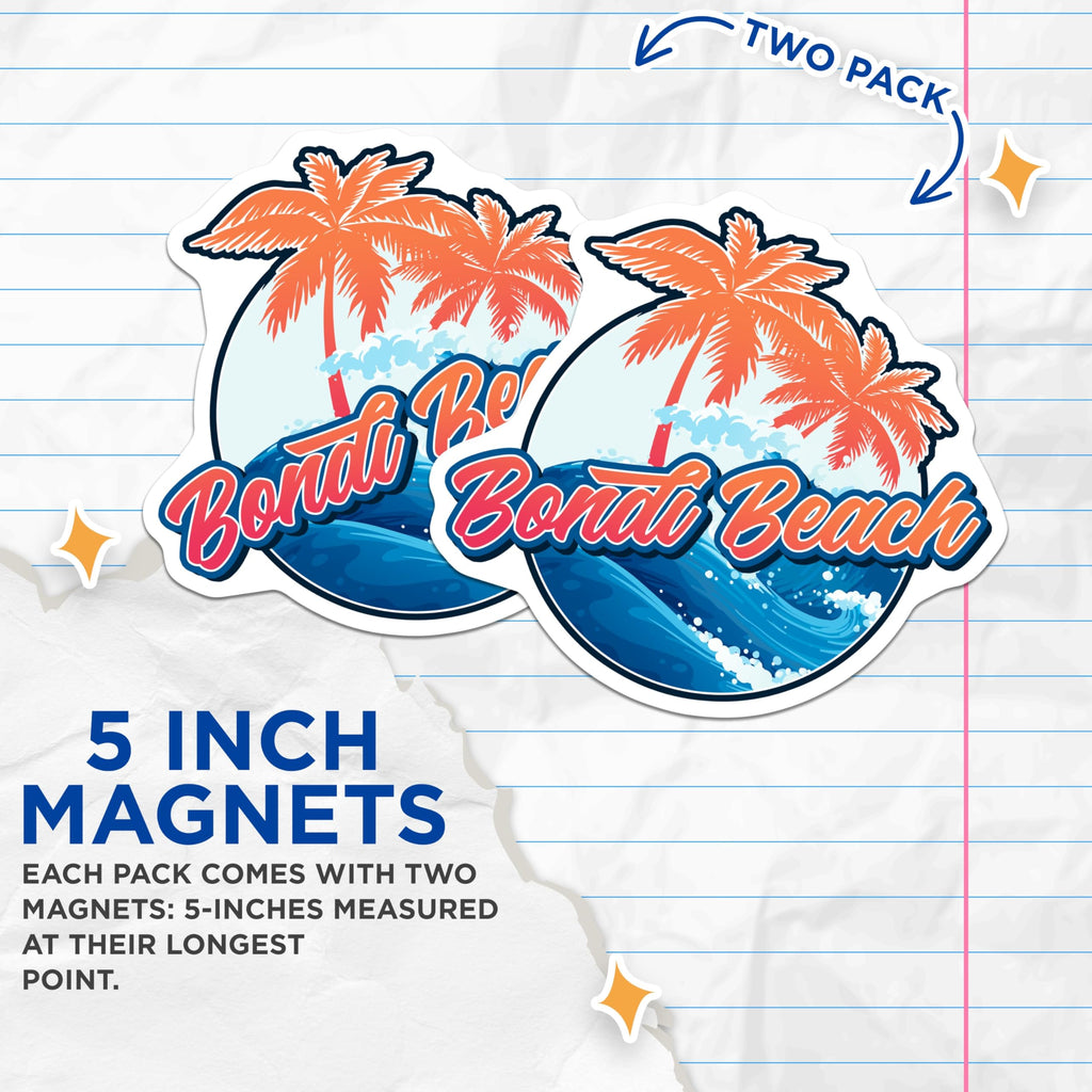 (2 Pack) Bondi Beach Magnets - Tropical Palm Tree Art - Australia Travel Souvenir - 5" On Longest Side - Premium Magnet - for Cars, Refrigerators, Toolboxes, Lockers - Made in USA - MAG18808