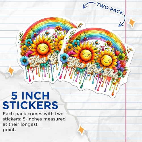 (2 Pack) You Got This Stickers - Motivational Sunflower Stickers - Rainbow Inspirational Stickers - 5" On Longest Side - Sticks to Any Smooth Flat Surface - Made in USA - BMCS3224