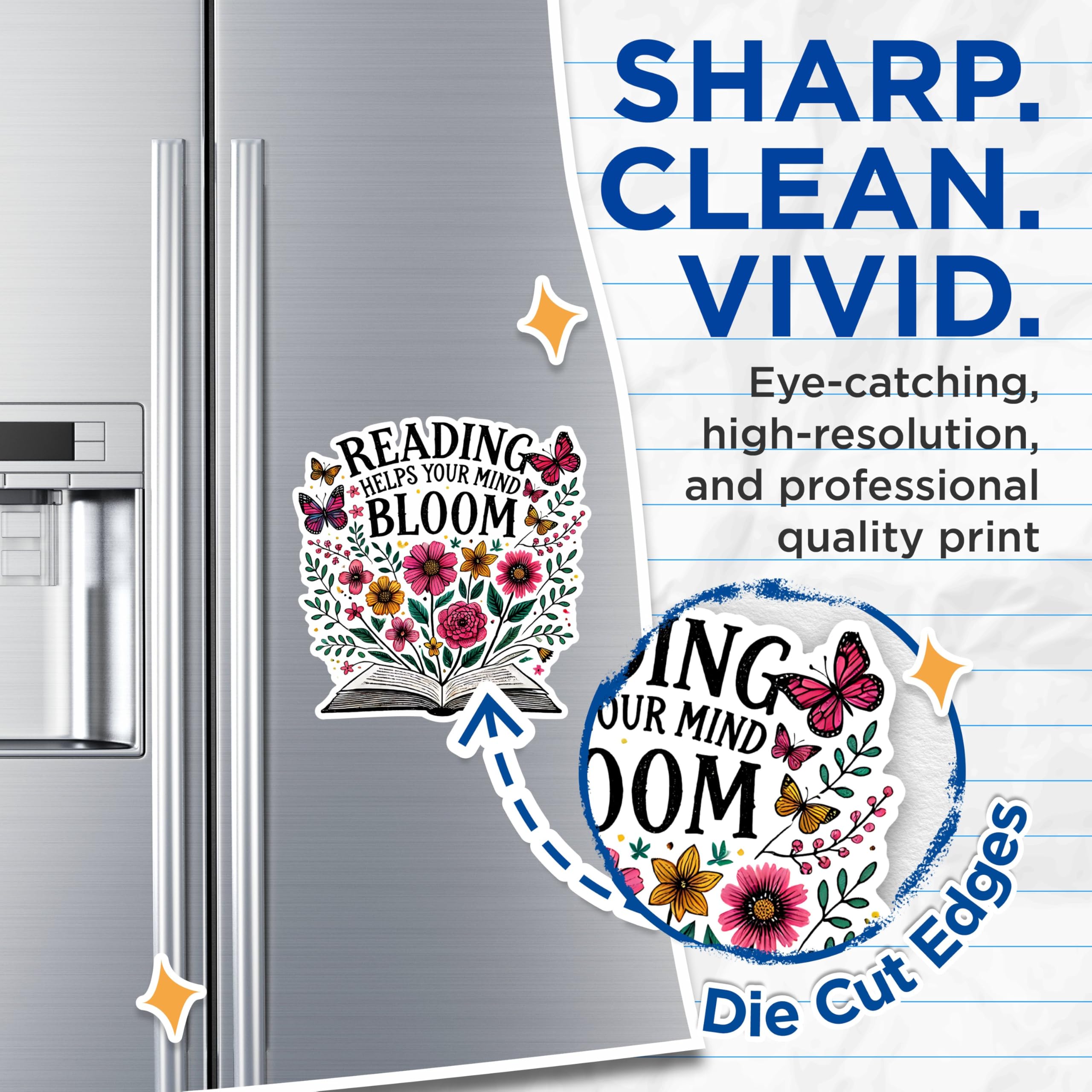 (2 Pack) Reading Helps Your Mind Bloom Magnets - Inspirational Quote Magnets - Flower and Book Design- 5" On Longest Side - for Fridges, Toolboxes, Cars - Made in USA - MAG2761