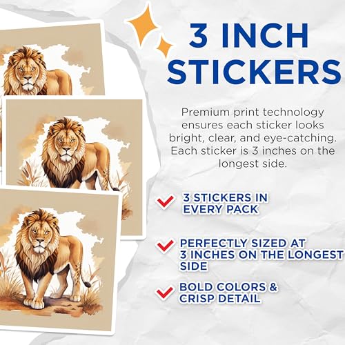 (3 Pack) Lion Decals - Watercolor Lion - Animal Decals - 3 Inches On Longest Side - Easy Peel & Apply - Made in USA - 3MCS7462
