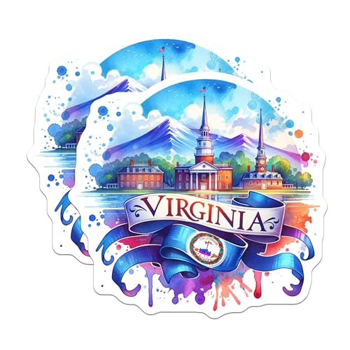 (2 Pack) Virginia State Stickers - Travel Souvenir - Watercolor Art - USA State - Historic Landmarks - Local Pride - 5" On Longest Side - Sticks to Smooth Flat Surfaces - Made in USA - BMCS7067