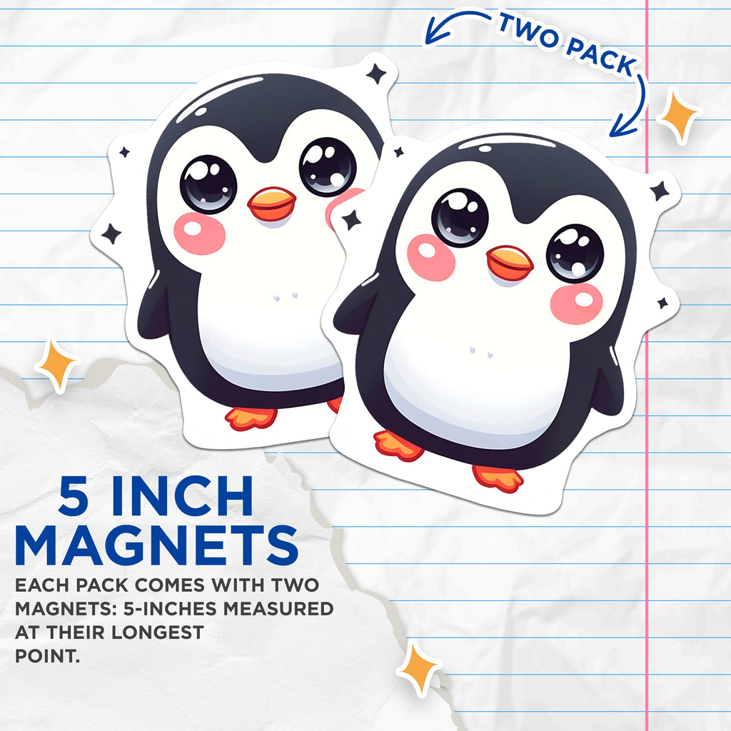 (2 Pack) Kawaii Penguin Magnets - Cute Animal Fridge Decor - Aesthetic Refrigerator Locker Magnets - 5 Inches On Longest Side - Thick Durable Magnet - Made in USA - MAG38449
