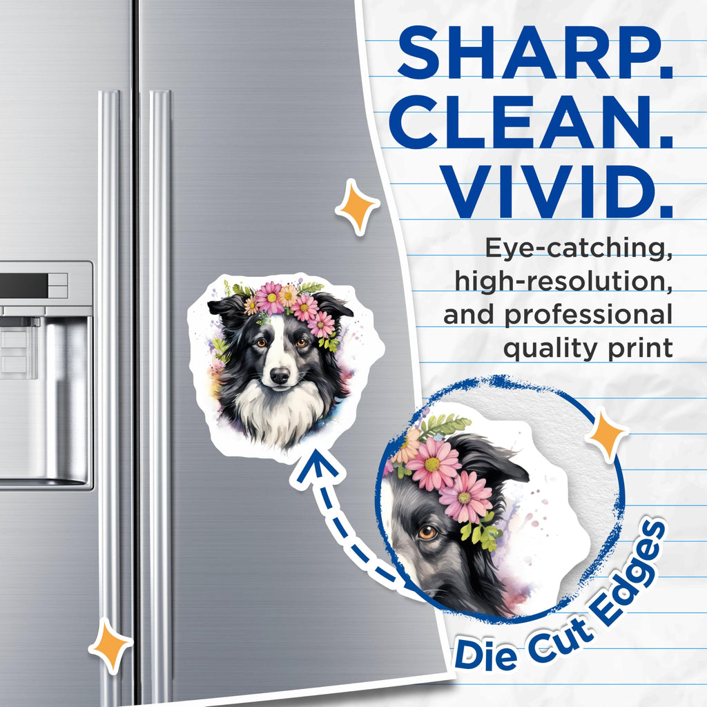 (2 Pack) Border Collie Dog Magnets - Flower Crown Dog - Dog Mom Pet Lover - 5 Inches On Longest Side - Thick Durable Magnet - Made in USA - MAG27982