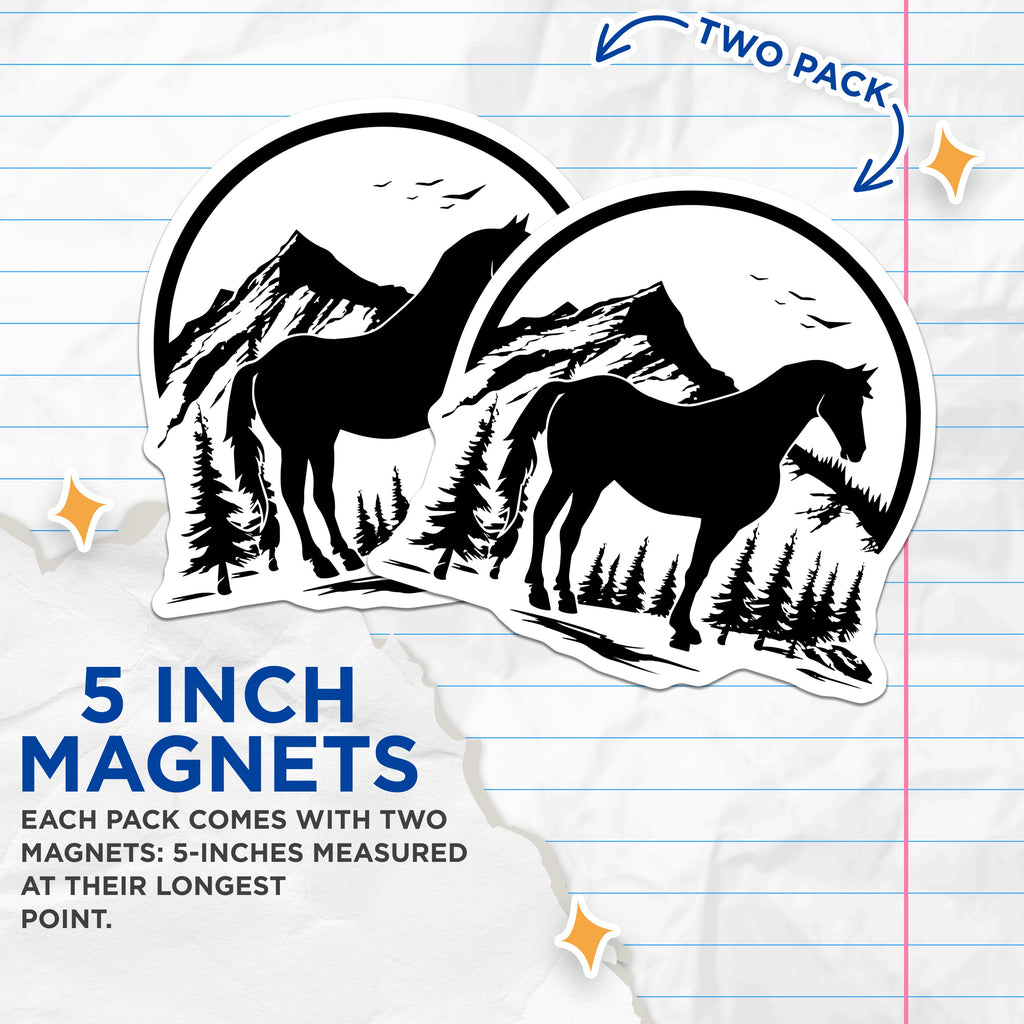(2 Pack) Horse Mountain Scene Magnets - Equestrian Lover Decor - Rustic Nature Adventure Magnets - 5 Inches On Longest Side - Thick Durable Magnet - Made in USA - MAG37671