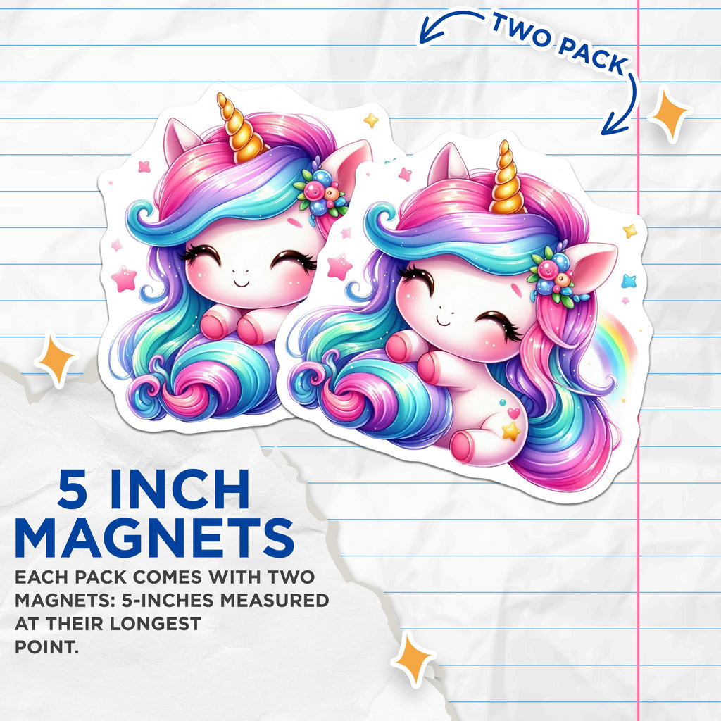 (2 Pack) Cute Kawaii Unicorn Magnets - Vibrant Rainbow Fantasy Decor - Magical Creature Locker Fridge Art - 5 Inches On Longest Side - Thick Durable Magnet - Made in USA - MAG36708