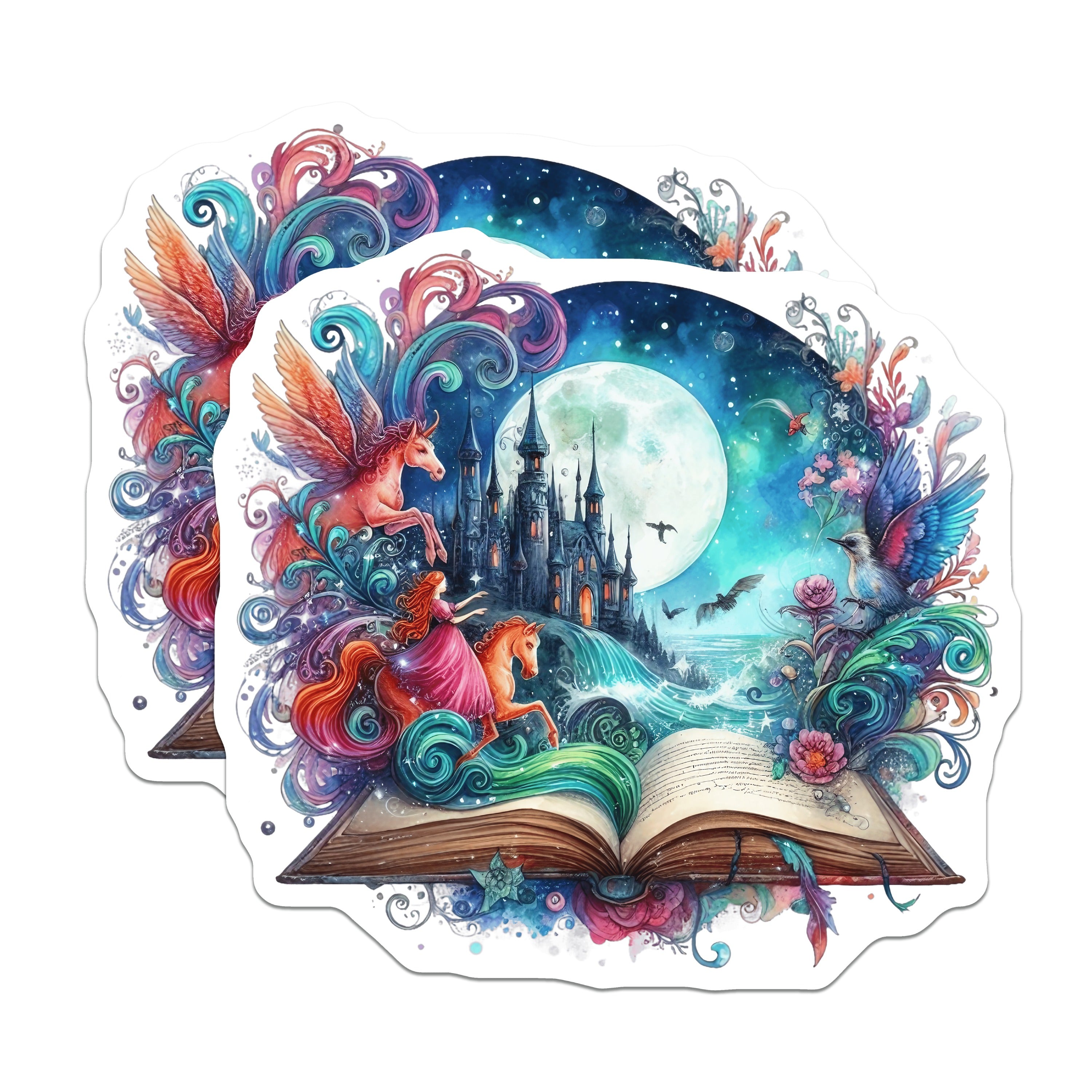 (2 Pack) Fantasy Storybook Magnets - Enchanted Castle Moon Scene Art - Whimsical Mythical Creatures Decor - 5 Inches On Longest Side - Thick Durable Magnet - Made in USA - MAG36534